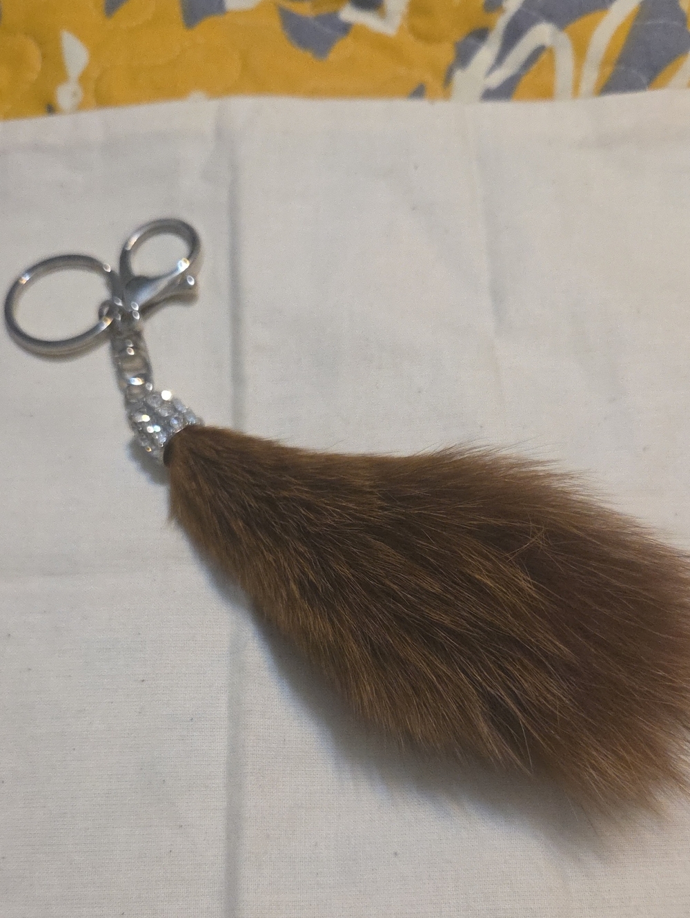 Brown Rabbit Fur Pom Keychain with SilverRhinestone Hardware - Women Accessories
